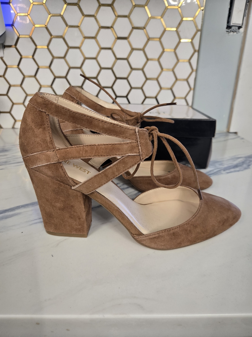 Nine West Brown Suede Block Heel Lace-Up Pumps (Floor Sample)